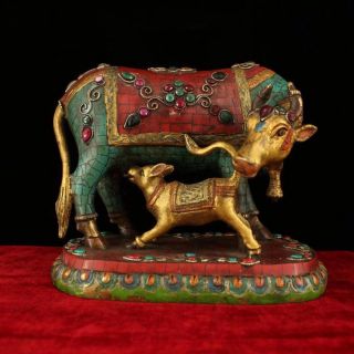 Chinese Antique Tibetan Style Copper Inlaid Turquoise Cattle Home Decoration A