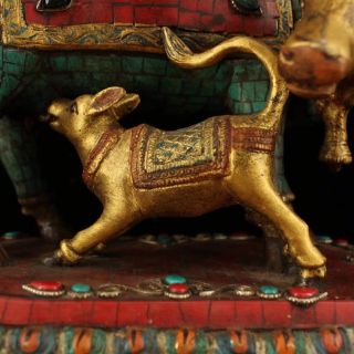 Chinese Antique Tibetan style copper inlaid turquoise cattle Home decoration A 2