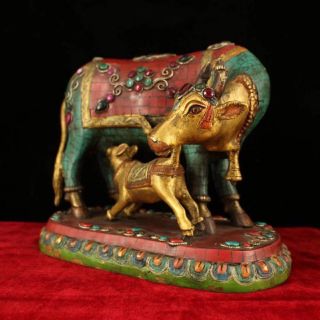 Chinese Antique Tibetan style copper inlaid turquoise cattle Home decoration A 3