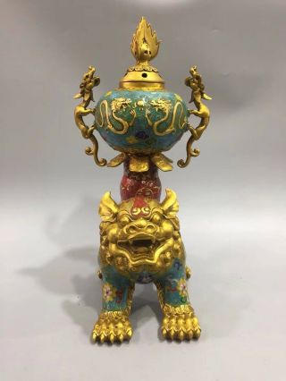 15“ Chinese Antique Cloisonne Handmade Lion Dragon Incense Burner Qing Dynasty