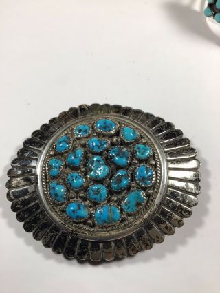 Vintage Navajo Made Sterling Silver And Turquoise Belt Buckle.  Signed Et