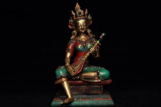 Chinese Antique Tibetan Buddhism Hand - Set Gemstones Sarasvatī Buddha Statue