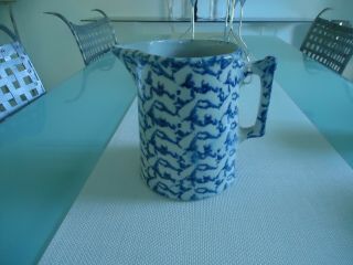 Antique Blue & White Spongeware Stoneware Pitcher W/ Square Handle