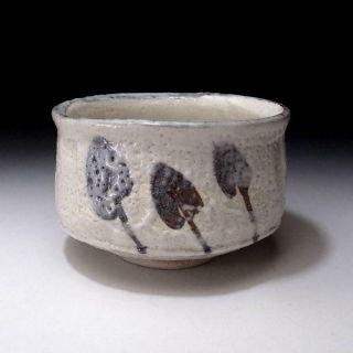 Sn2: Vintage Japanese Pottery Tea Bowl Of Shino Ware,  White Glaze,  Tree