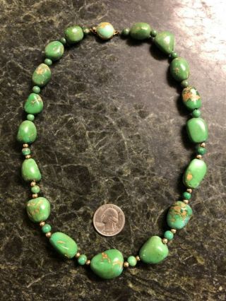 Vintage 19 " Damele Turquoise Necklace W/ 14k Gold Beads & Clasp