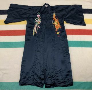 Vintage Chinese Embroidered Dragons Birds Black Silk Robe