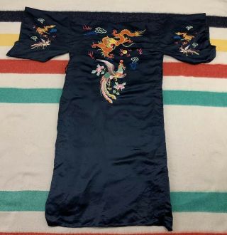 Vintage Chinese Embroidered Dragons Birds Black Silk Robe 2