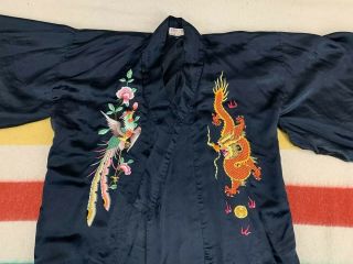 Vintage Chinese Embroidered Dragons Birds Black Silk Robe 3