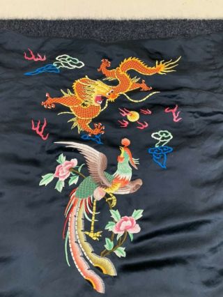 Vintage Chinese Embroidered Dragons Birds Black Silk Robe 4