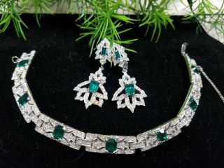 Vintage Polcini Art Deco Bracelet & Earrings Set Diamante & Emerald Rhodium Pl
