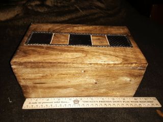 Antique Primitive Rustic From 40s Wooden Box With Metal Design On Lid 10 " By 6 "