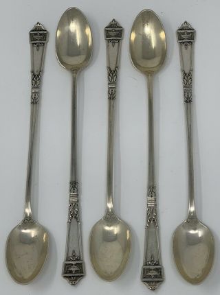 5 Antique Gorham Lansdowne Sterling Silver Iced Tea Spoons 1917 Pattern 8 1/4 "