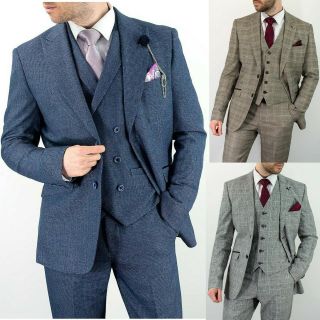 Mens Cavani Fashion Wedding Tweed Check Tailored Fit Vintage Lined 3 Piece Suit