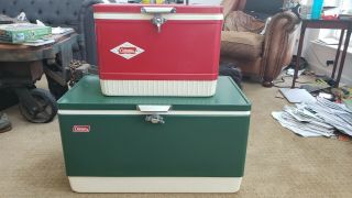 Vintage Pair Cooler 80 Quart Green Steel " Colossal ",  Red Smaller Camping