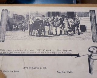 VTG orig.  1950s Levi ' s Advertising Banner 8ft long.  Cowboys.  W/ box.  Corrugated 3
