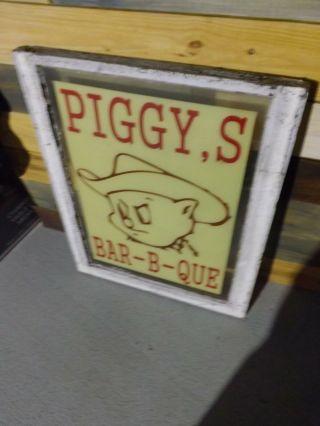 Vintage Piggy ' s BBQ Barbecue Porky ' s Restaraunt Window Sign GAS OIL COLA 3