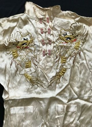 Antique Chinese Silk Embroidered Dragons Robe Top And Pants