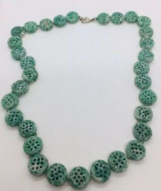 Vintage Chinese Carved Spinach Jade Beaded Sterling Clasp Necklace