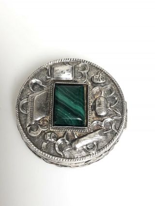 Ornate Silver China Malachite Stone Round Trinket Pill Box 24.  2g