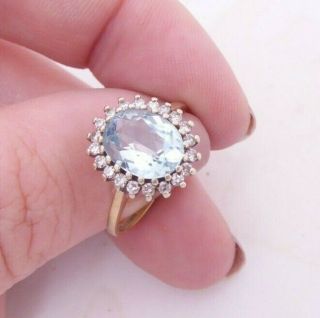 Fine 9ct/9k Gold Diamond & Aquamarine Large Cluster Ring,  375