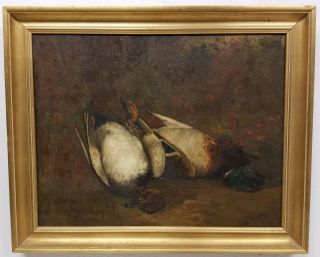 Large Antique 1886 Oil Painting On Canvas Signed Mabel Soule Game Ducks