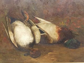 Large Antique 1886 Oil Painting on Canvas Signed MABEL SOULE Game Ducks 2