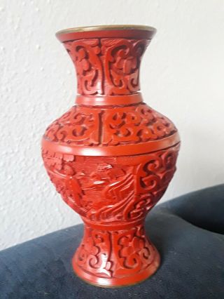 4 " Vintage Enamel Carved Cinnabar Vase