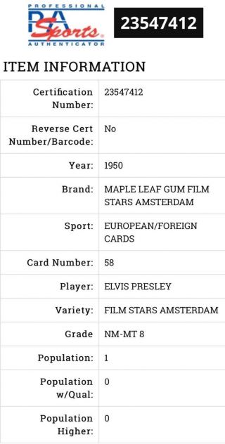 1950 ELVIS PRESLEY RC MAPLE LEAF PSA 8 (POP 1) HIGHEST GRADE (RARE AMSTERDAM) 4