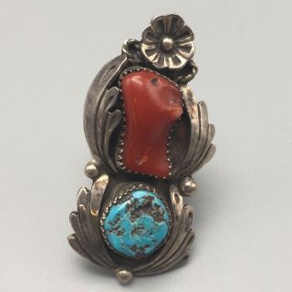 , Vintage Turquoise & Coral Sterling Silver Ring