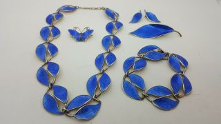 David Andersen Sterling Gold Blue Guilloche Enamel Double Leaf 6 Piece Set