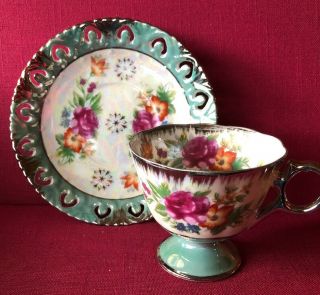 Vintage Green Luster Ware And Floral Design Tea Cup And Cut Out Saucer 7270