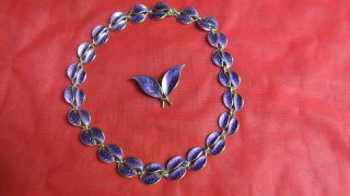 D_A David Andersen Norway Sterling Silver Purple Enamel Leaf Necklace & Pin 2