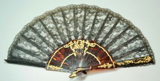 Antique Black Lace Sequin Folding Hand Fan Faux Tortoiseshell Or Celluloid 7.  75 "