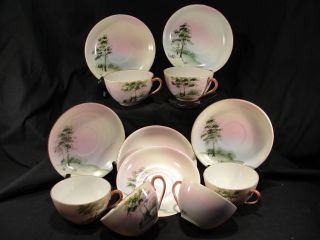 Antique Nippon Porcelain Hand Painted (6) Teacups And Saucers Blush Pink