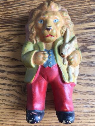 Rare Vintage Rubber Toy Lion In Suit Holding A Rabbit Made In Japan Marked Stk