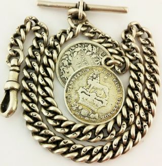 Antique English Hallmarked Solid Silver Albert Pocket Watch Chain W Coin/fobs