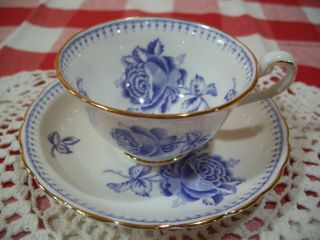 Royal Chelsea Tea Cup And Saucer " Blue Rose Pattern "