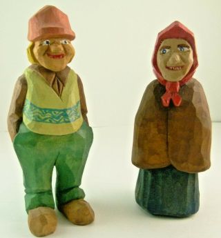 Vintage Folk Art Hand Carved Wood Old Man And Woman Sculptures " Pair " 1996