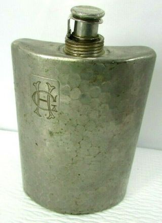 Antique Silver On Copper Flask Monogram G H Hand Hammered Germany B Hinged Cap