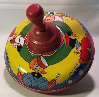 Vtg 1940s Ohio Art Tin Litho Spinning Toy Top Dutch Children Skating & Falling