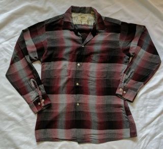 Vintage 50s 60s Burgundy Arrow Chevella Rayon Shadow Plaid Top Loop Shirt M