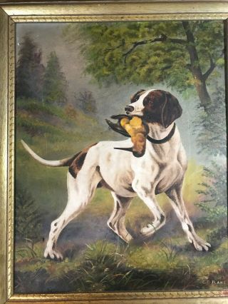 Vintage C.  B Plant " Hinting Dog With Game Scene " Oil Painting - Signed And Framed