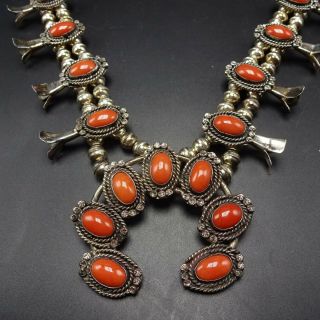 Vintage Navajo Sterling Silver Red Mediterranean Coral Squash Blossom Necklace