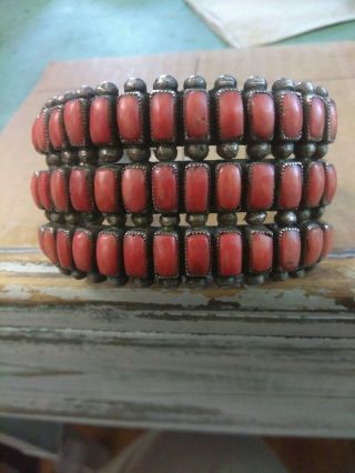 Wow Antique Sterling Navajo Bracelet Old Coral Heavy Gauge 3 Row