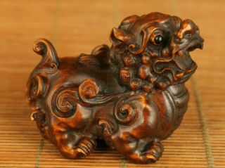 Asian Old Antique Boxwood Hand Carving Fortune Kylin Statue Netsuke Decoration