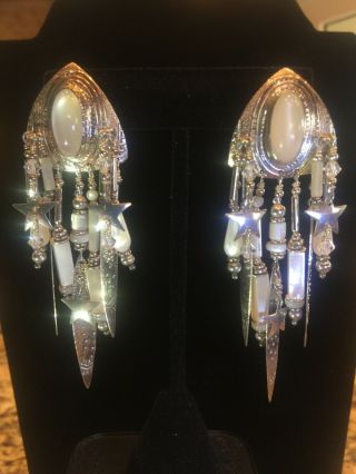 Tabra Sterling Mother Of Pearl/moonstone W/ Crystal,  Dangle,  Vtg,  Post Earrings