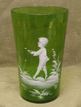 Victorian Mary Gregory Green Glass Tumbler (boy) Hastings Neb.  4 1/2 " Tall