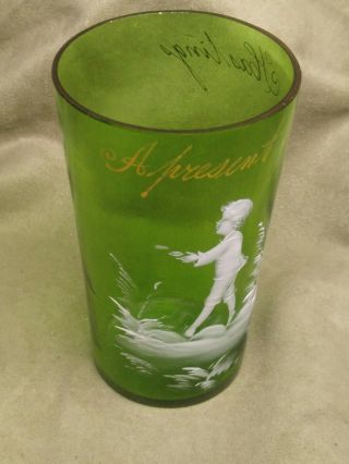 Victorian Mary Gregory Green Glass Tumbler (Boy) Hastings Neb.  4 1/2 