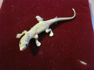 14k Gold Lizard Gecko Salamander 2 1/4 " Pin W/ Emerald Eyes,  Sideways G Mark