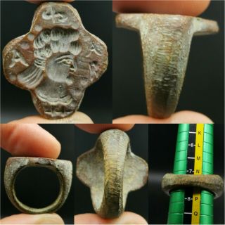 Roman Old Bronze Intaglio King Face Seal Lovely Ring 23